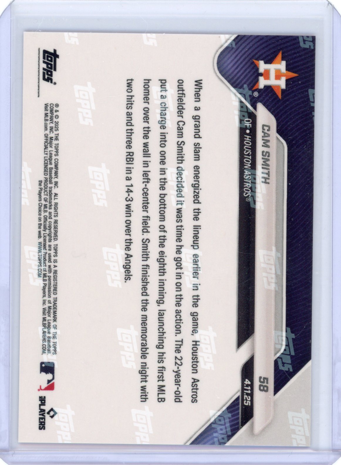 2025 Topps Now Cam Smith #58 1st MLB Home Run Foilfractor 1/1 Rookie RC Baseball Card