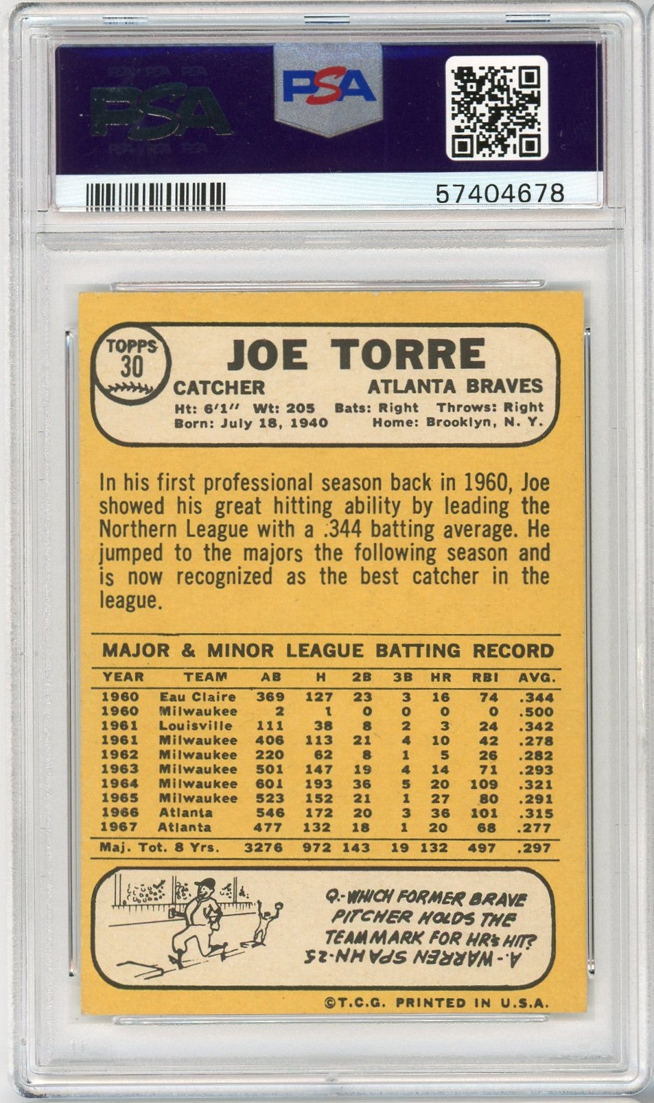 Graded 1968 Topps Joe Torre #30 Baseball Card PSA 4 VG-EX