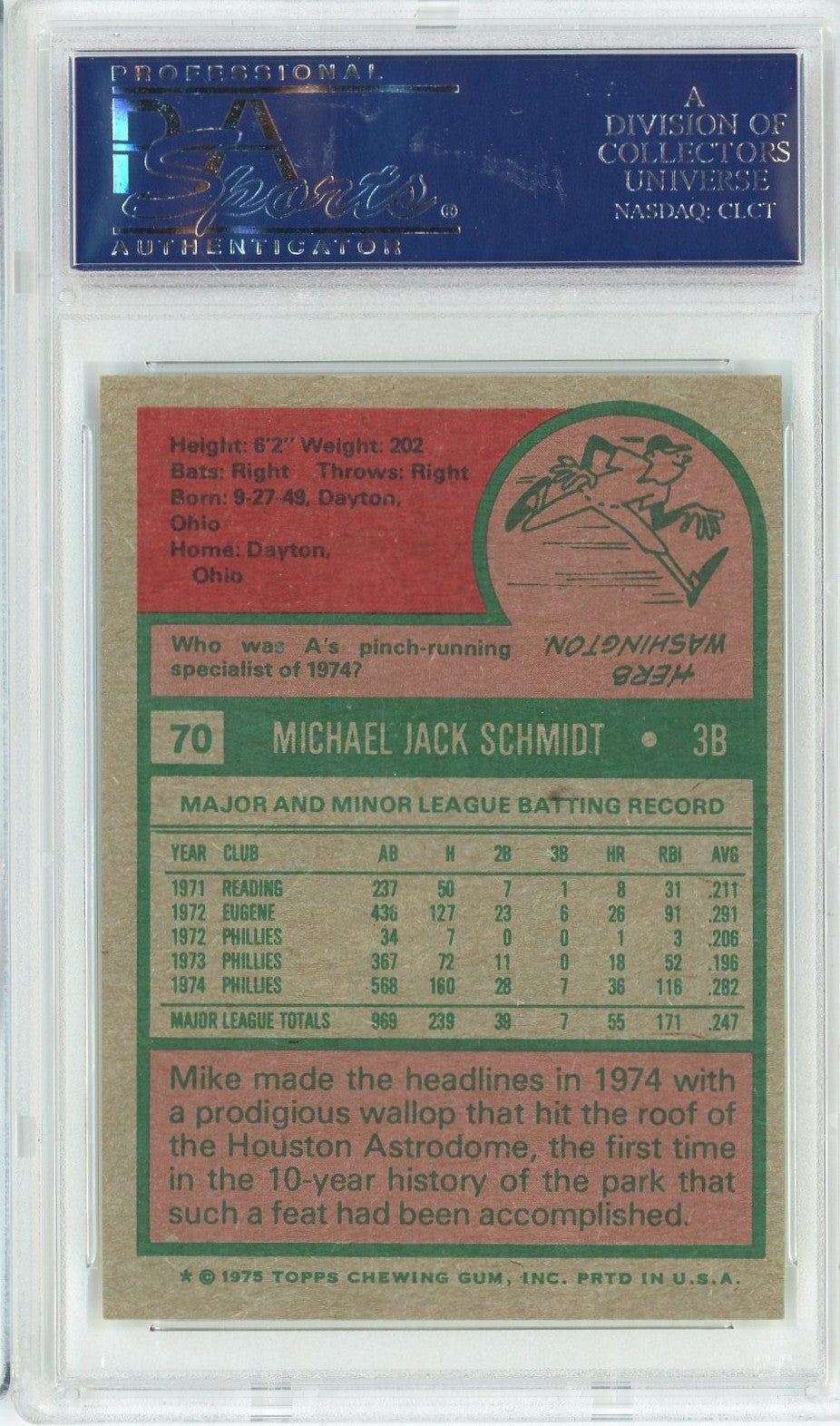 Graded 1975 Topps Mike Schmidt #70 Baseball Card PSA 7 Near Mint