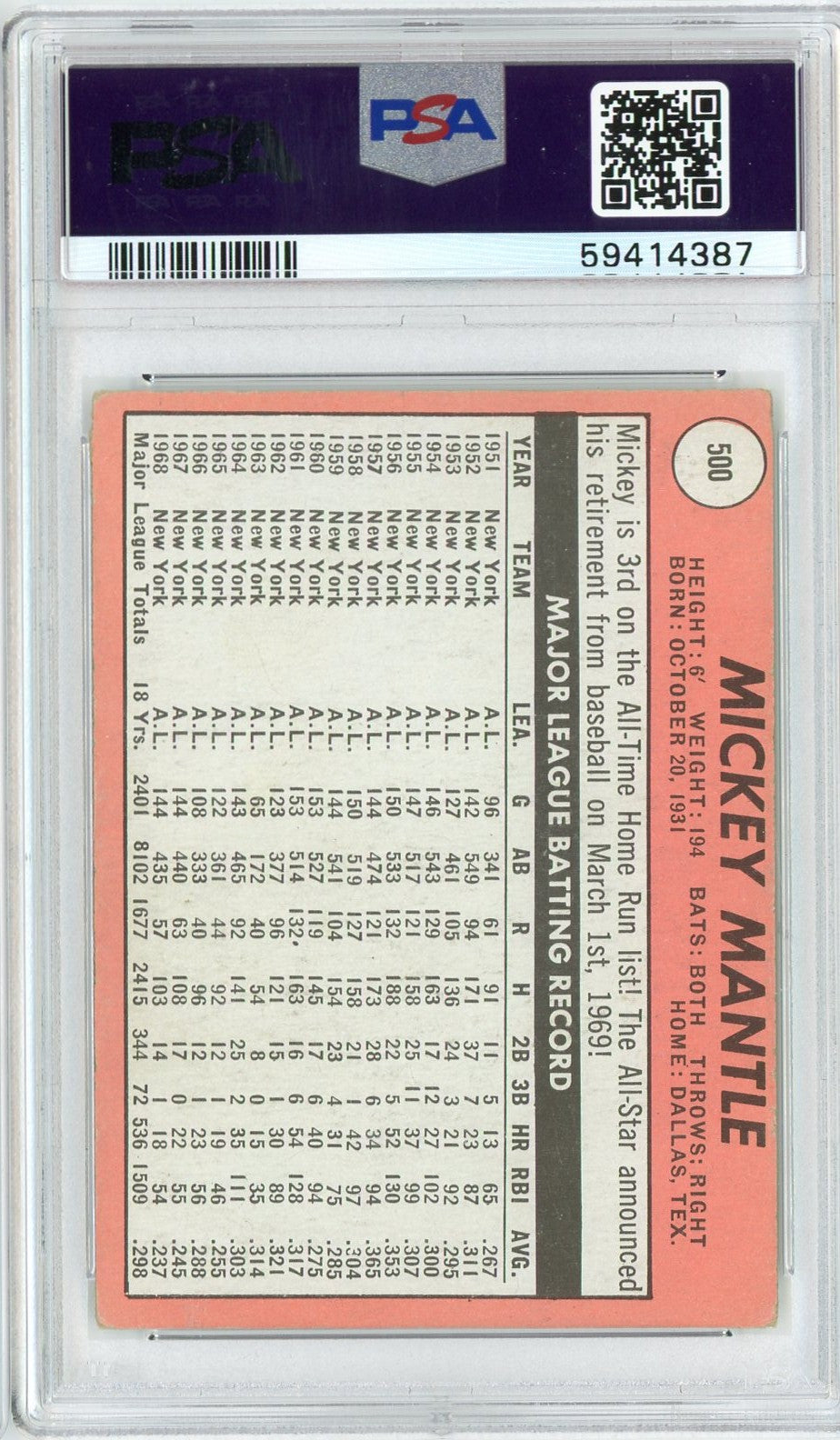 Graded 1969 Topps Mickey Mantle #500 Last Name in Yellow Baseball Card PSA 3 Very Good