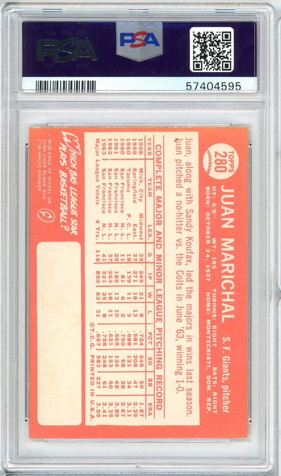 Graded 1964 Topps Juan Marichal #280 Baseball Card PSA 4 VG-EX