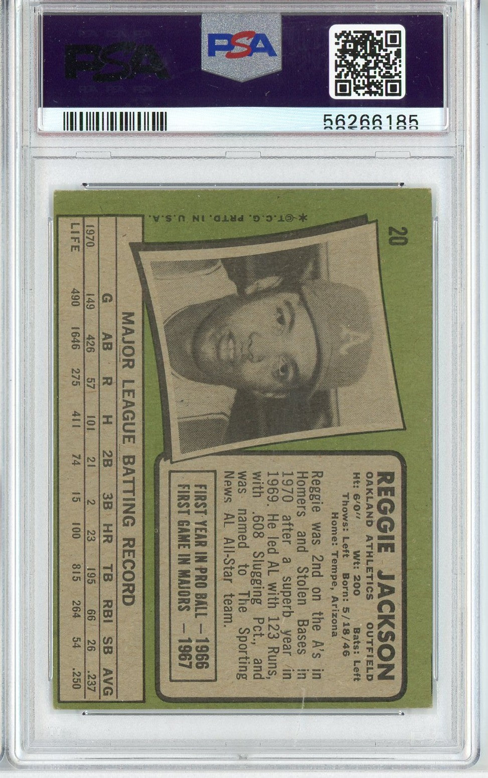 Graded 1971 Topps Reggie Jackson #20 Baseball Card PSA 4 VG-EX