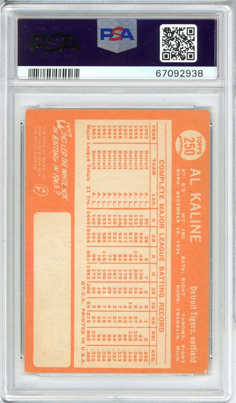 Graded 1964 Topps Al Kaline #250 Baseball Card PSA 4 VG-EX