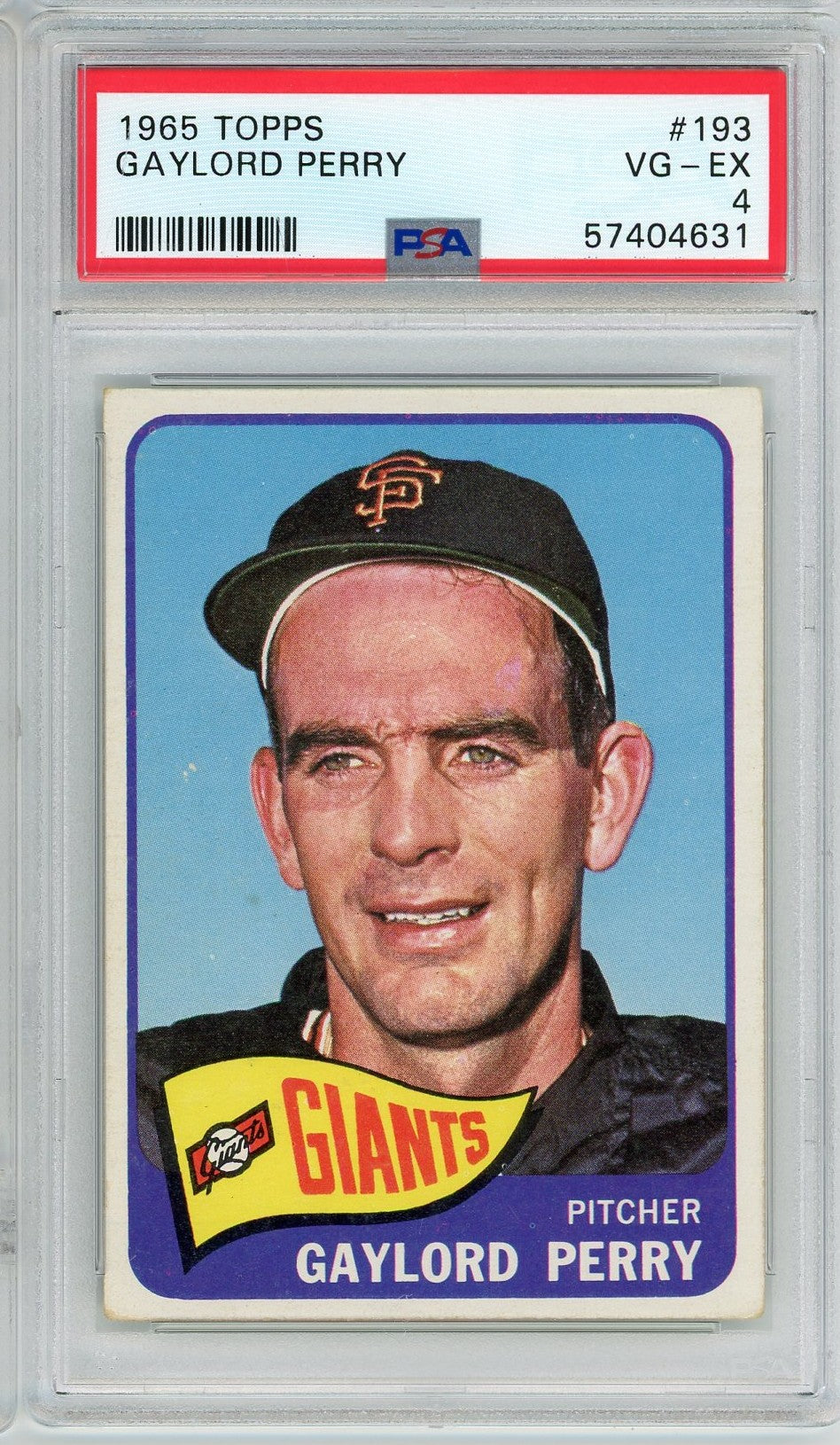 Graded 1965 Topps Gaylord Perry #193 Baseball Card PSA 4 VG-EX