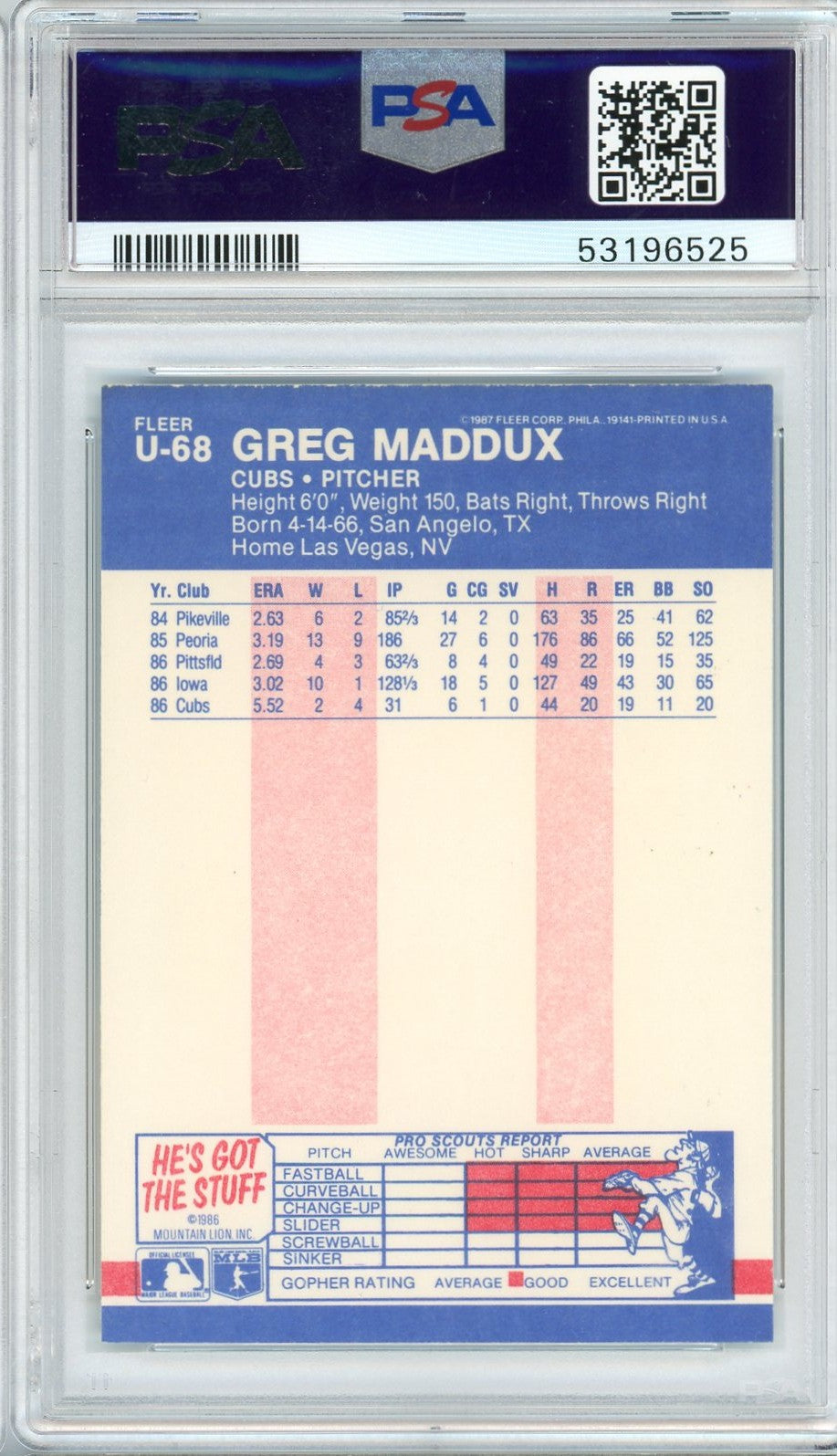 Graded 1987 Fleer Update Greg Maddux #U68 Rookie RC Baseball Card PSA 9 Mint