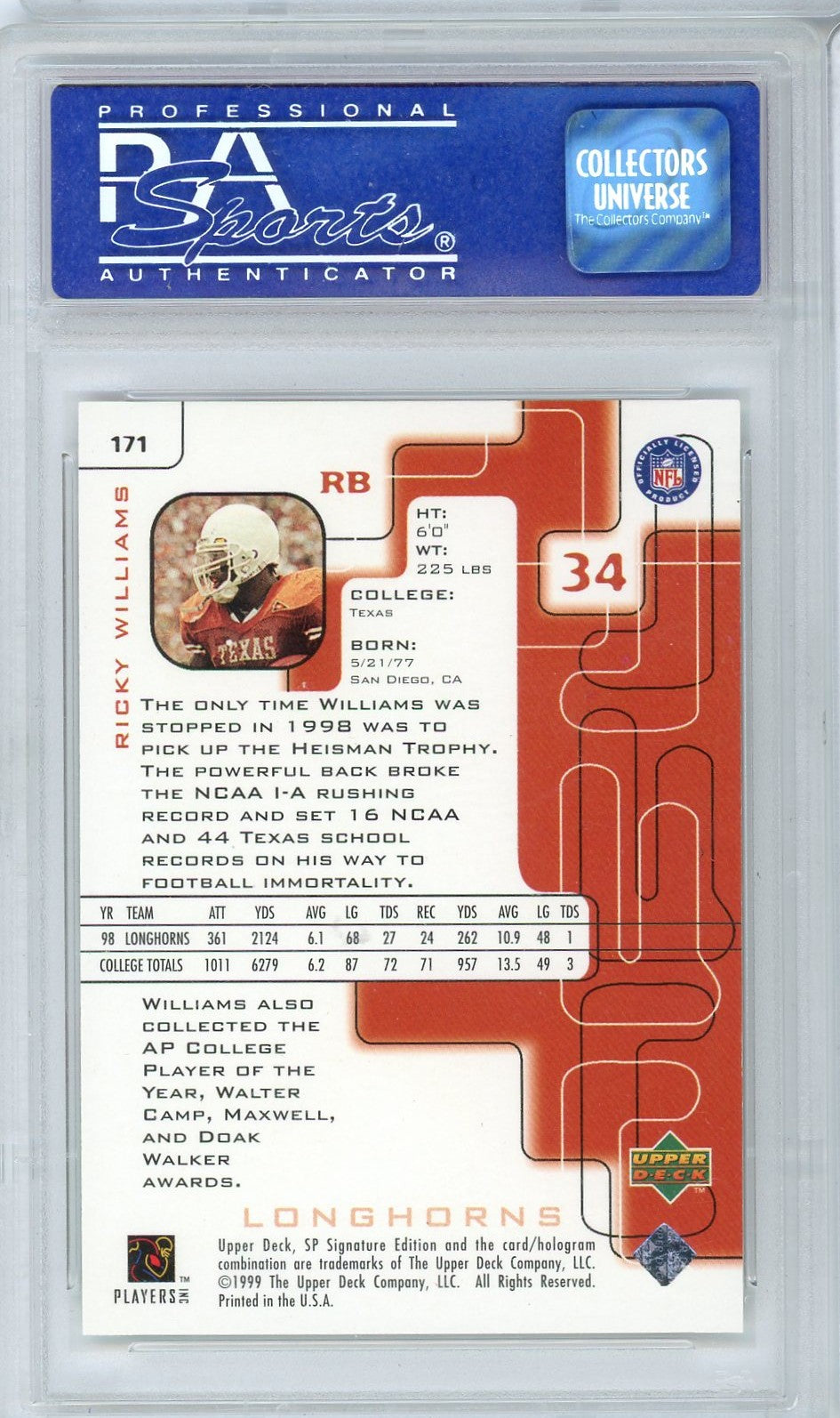Graded 1999 SP Signature Ricky Williams #171 Rookie RC Football Card PSA 9 Mint
