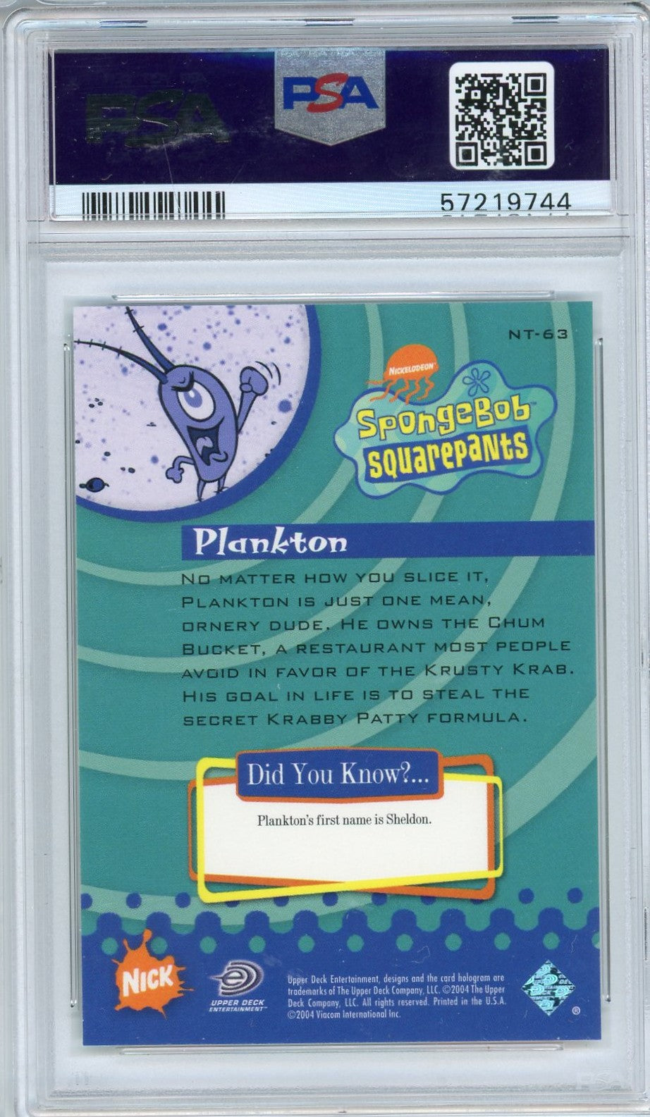 Graded 2004 UD Nicktoons Plankton #NT-63 Spongebob Squarepants Card PSA 10 Gem Mint
