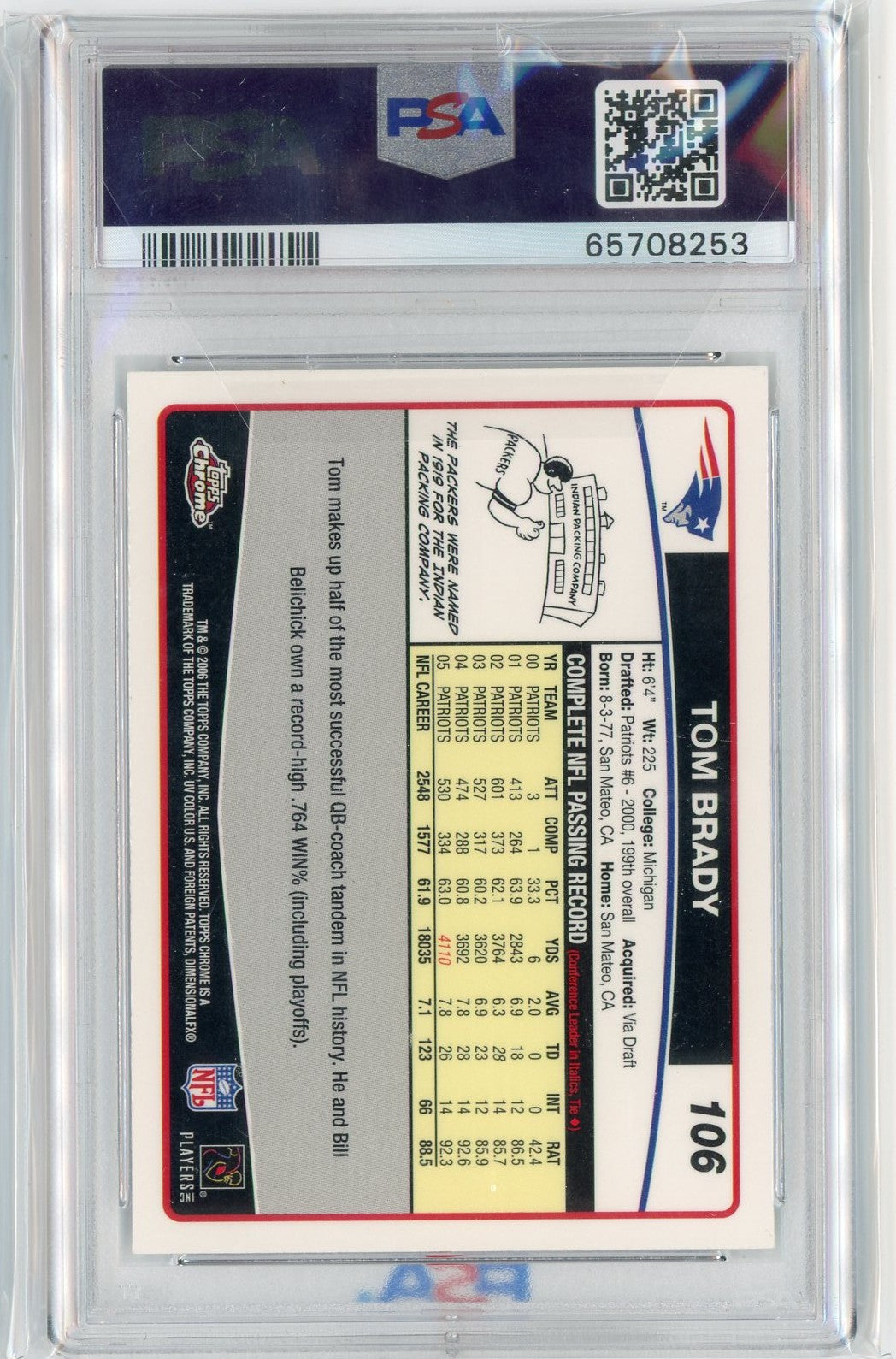 Graded 2006 Topps Chrome Tom Brady #106 Football Card PSA 9 Mint