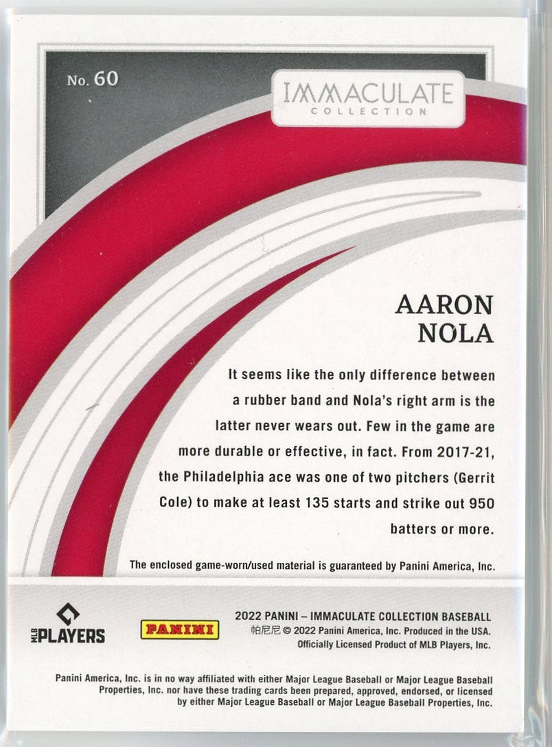 2022 Panini Immaculate Aaron Nola #60 1/1 Game Worn Jersey Relic Baseball Card