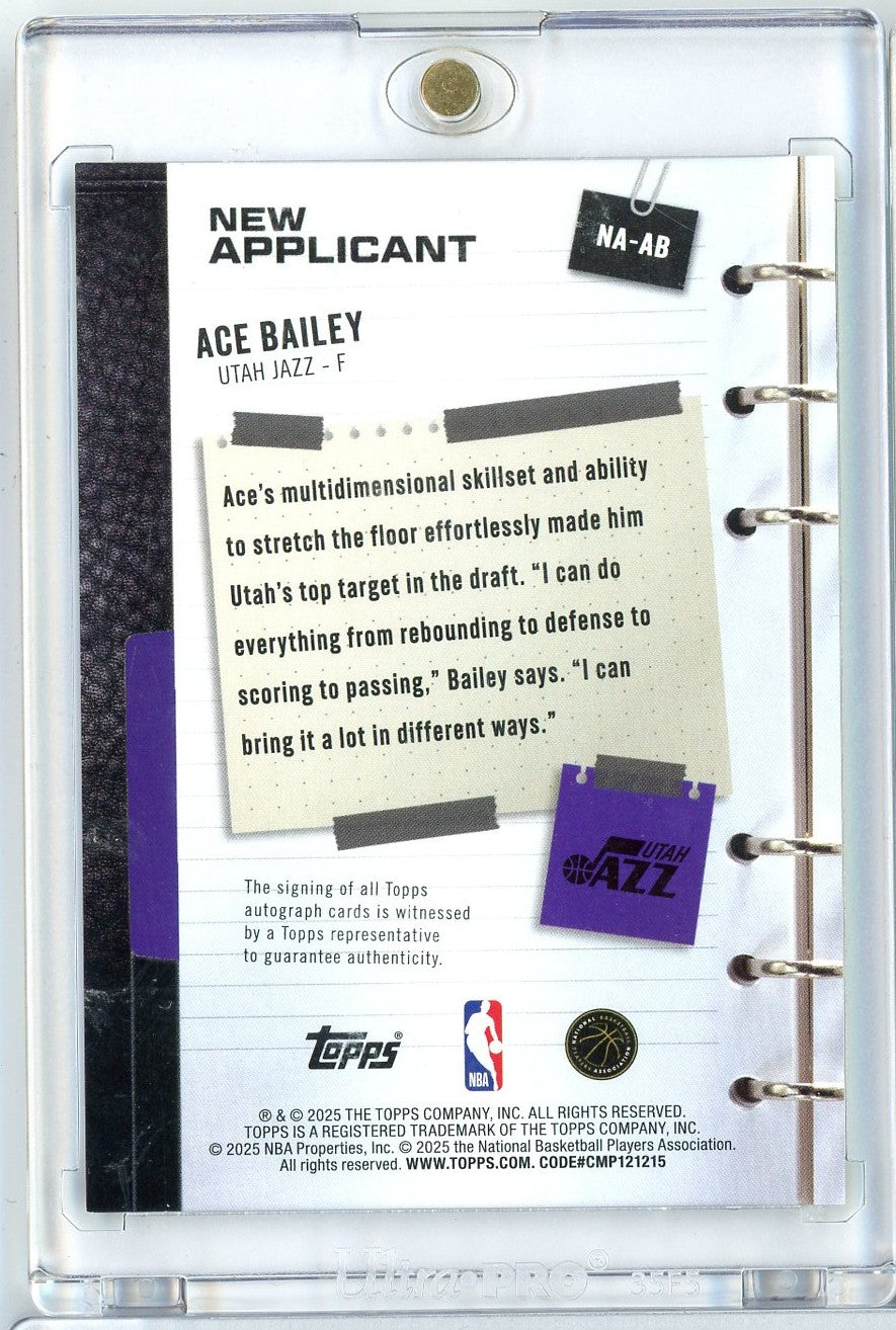 2025 Topps Ace Bailey #NAAB New Applicant Green Auto /99 Utah Jazz Rookie RC Basketball Card