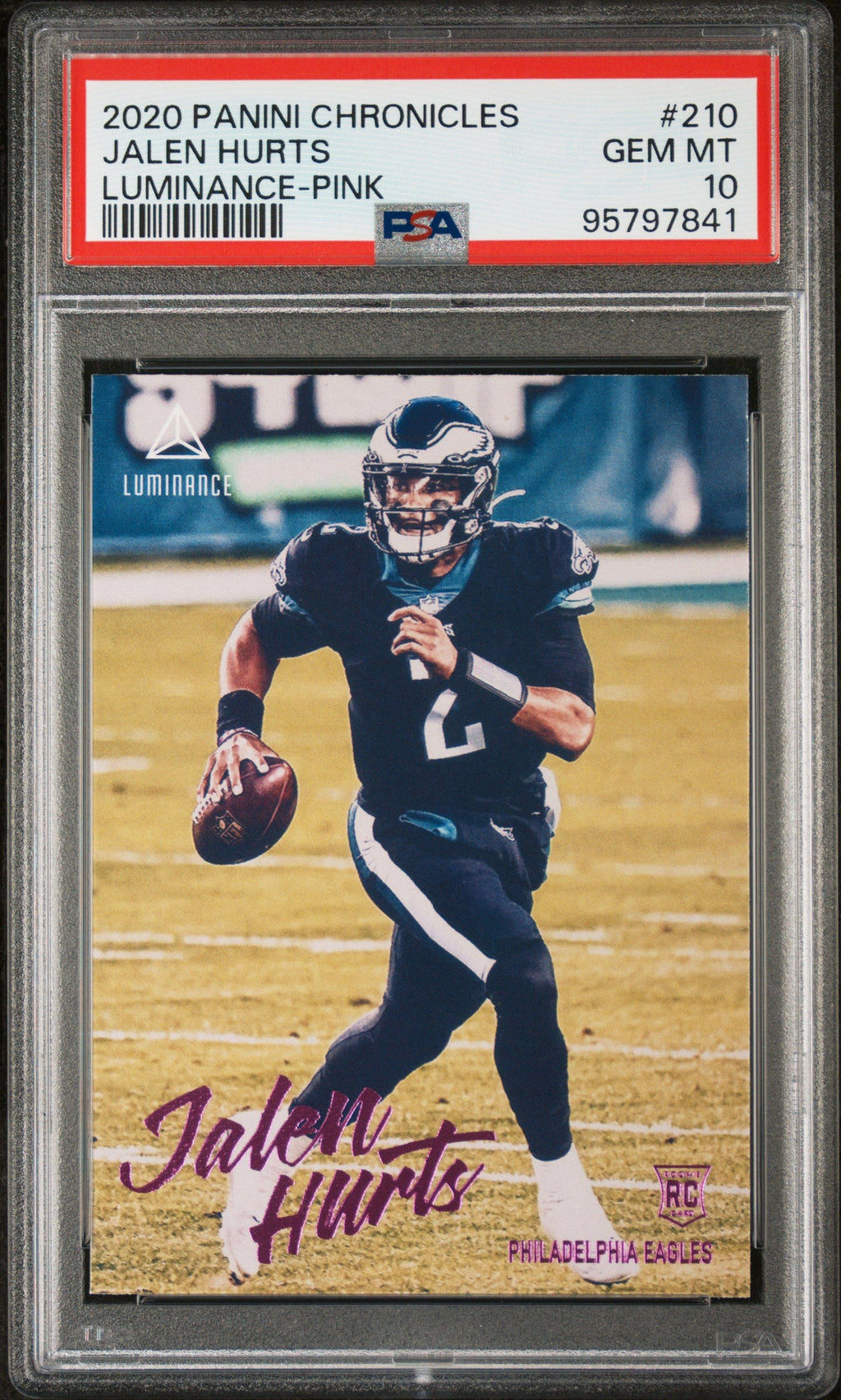 Graded 2020 Panini Chronicles Jalen Hurts #210 Pink Luminance Rookie RC Football Card PSA 10 Gem Mint