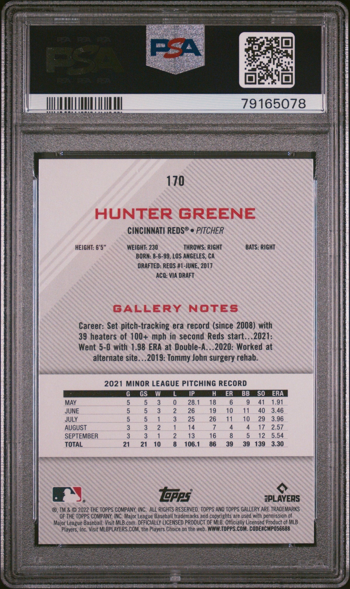 Graded 2022 Topps Gallery Hunter Greene #170 Rookie RC Baseball Card PSA 10 Gem Mint