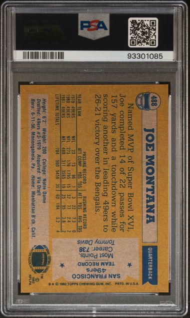 Graded 1982 Topps Joe Montana #488 2nd Year Football Card PSA 9 Mint