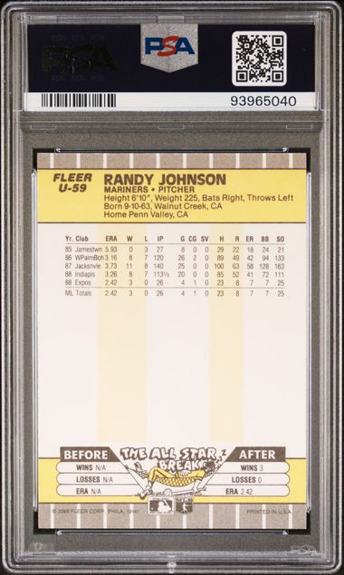 Graded 1989 Fleer Update Randy Johnson #U-59 Rookie RC Baseball Card PSA 10 Gem Mint