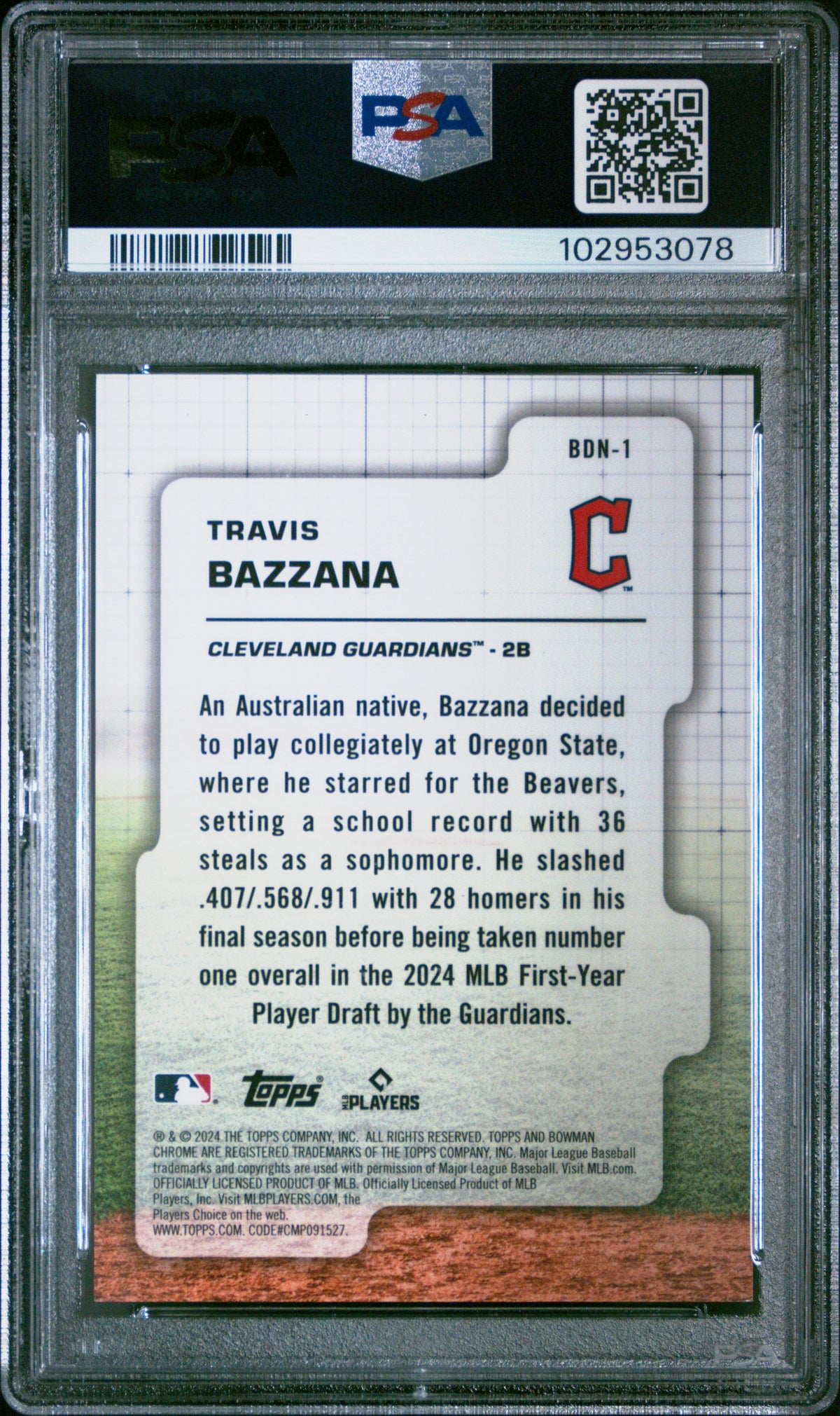 Graded 2024 Topps Bowman Draft Travis Bazzana #BDN1 Draft Night Green Refractor /99 Rookie RC Baseball Card PSA 10 Gem Mint