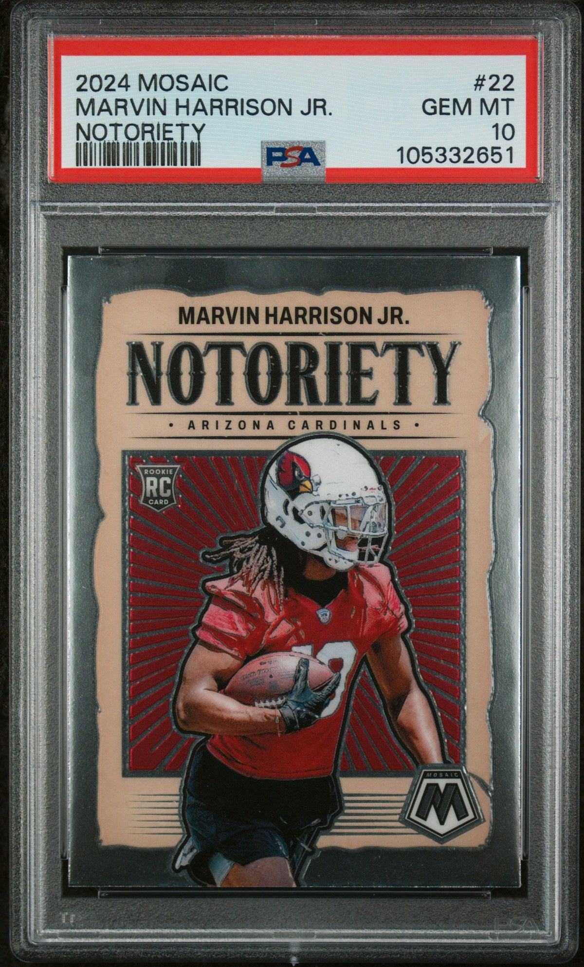 Graded 2024 Panini Mosaic Marvin Harrison Jr #22 Notoriety Rookie RC Football Card PSA 10 Gem Mint