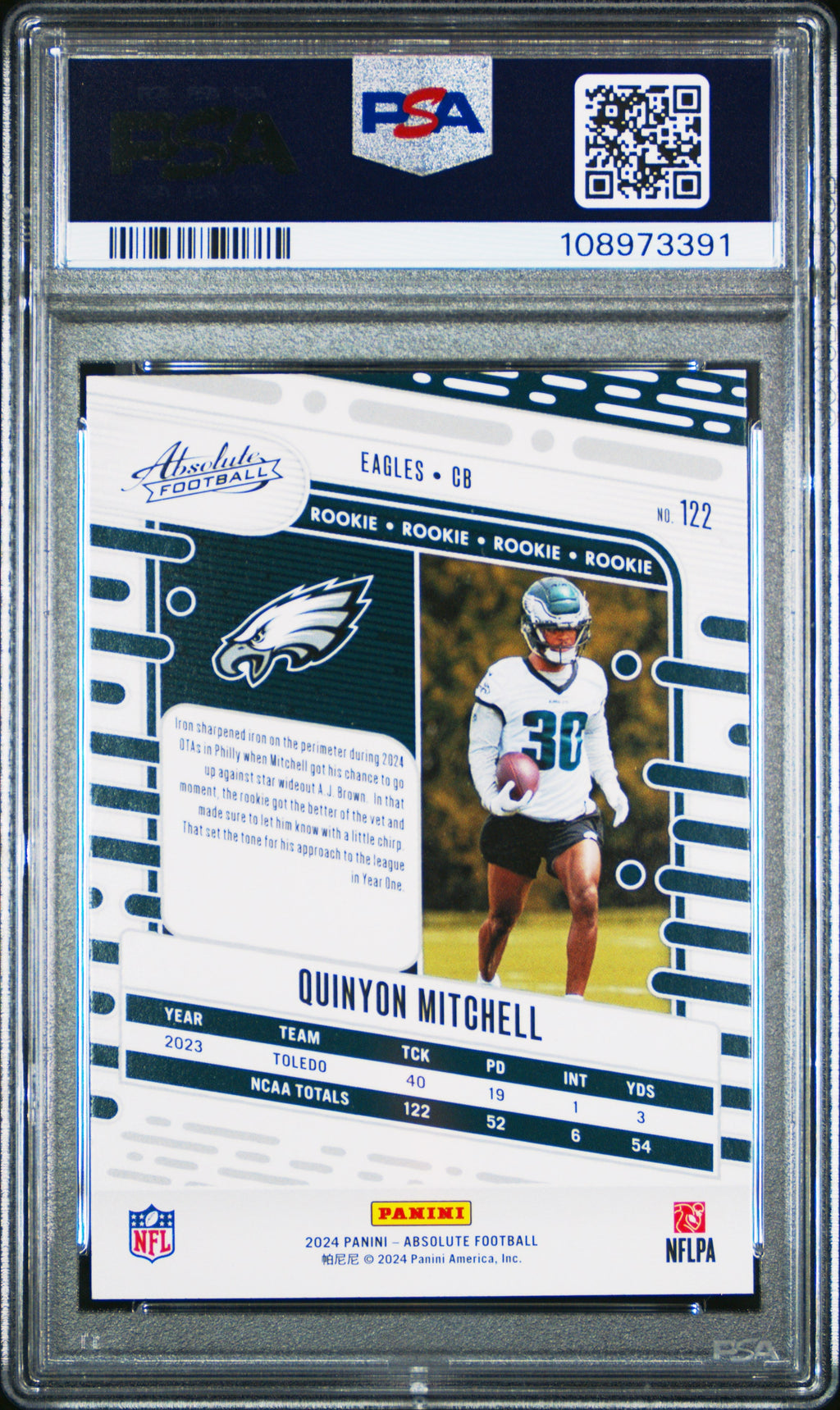 Graded 2024 Panini Absolute Quinyon Mitchell #122 Black Rookie RC Football Card PSA 10 Gem Mint