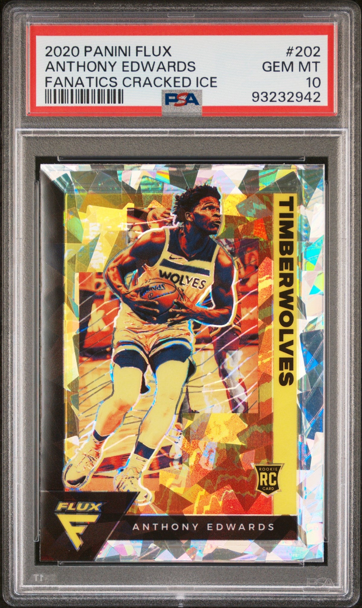 Graded 2020 Panini Flux Anthony Edwards #202 Fanatics Cracked Ice Rookie RC Basketball Card PSA 10 Gem Mint