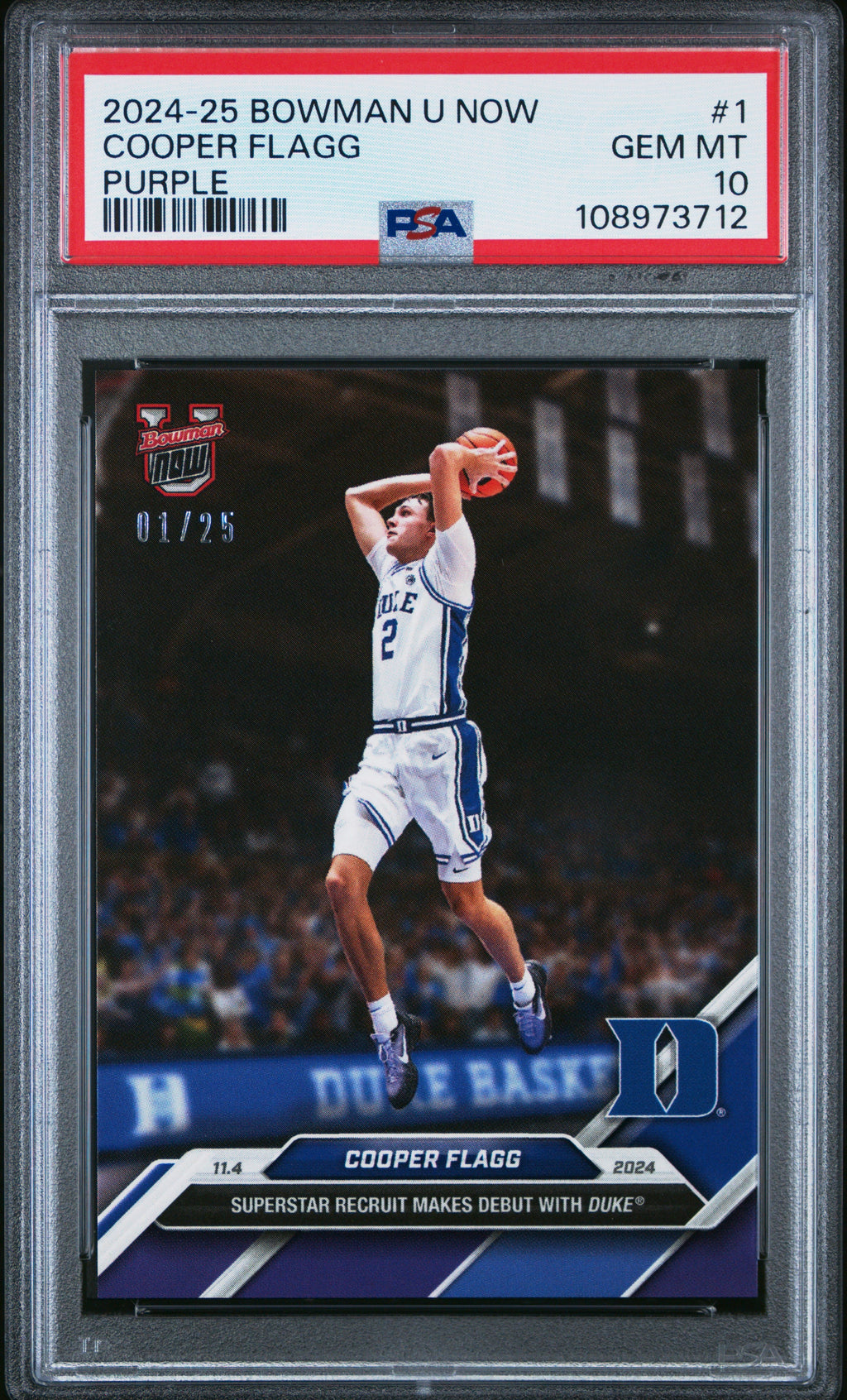 Graded 2024 Topps Bowman U Now Cooper Flagg #1 Purple /25 NCAA Debut Rookie RC Basketball Card PSA 10 Gem Mint