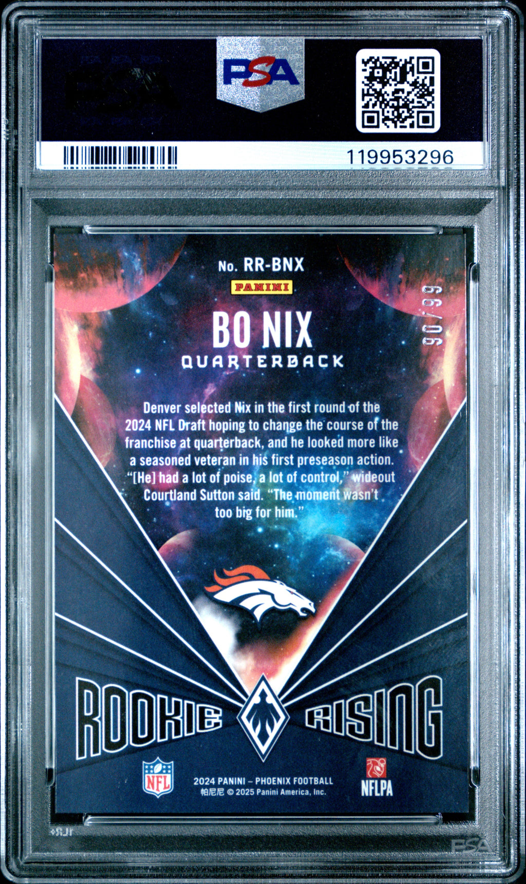 Graded 2024 Panini Phoenix Bo Nix #RRBNX Rookie Rising Red /99 Rookie RC Football Card PSA 10 Gem Mint