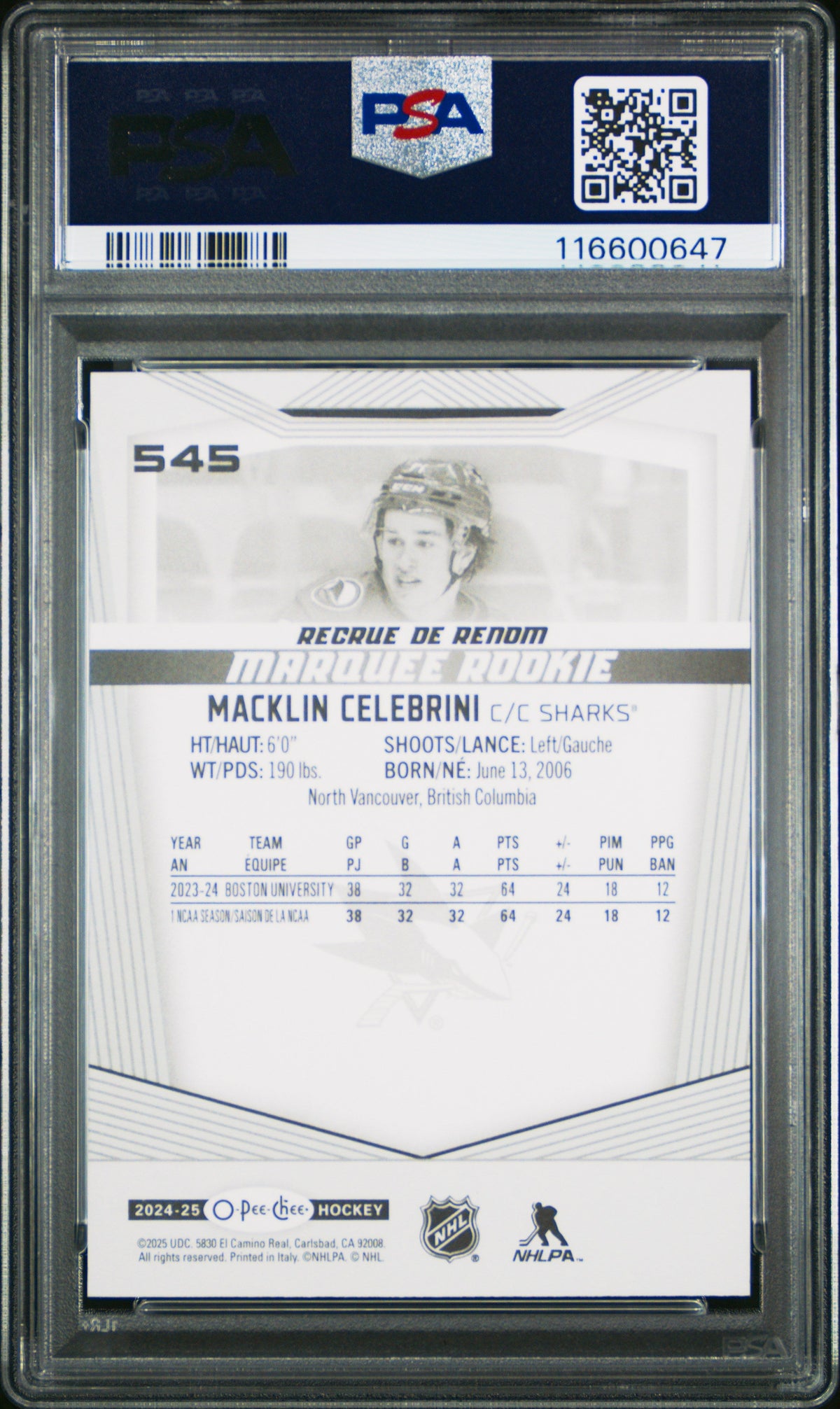 Graded 2024 Upper Deck O-Pee-Chee Macklin Celebrini #545 Rookie RC Hockey Card PSA 10 Gem Mint