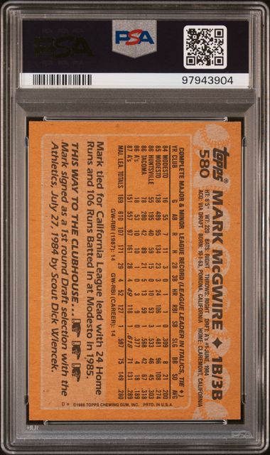 Graded 1988 Topps Mark McGwire #580 2nd Year Rookie Cup Baseball Card PSA 10 Gem Mint