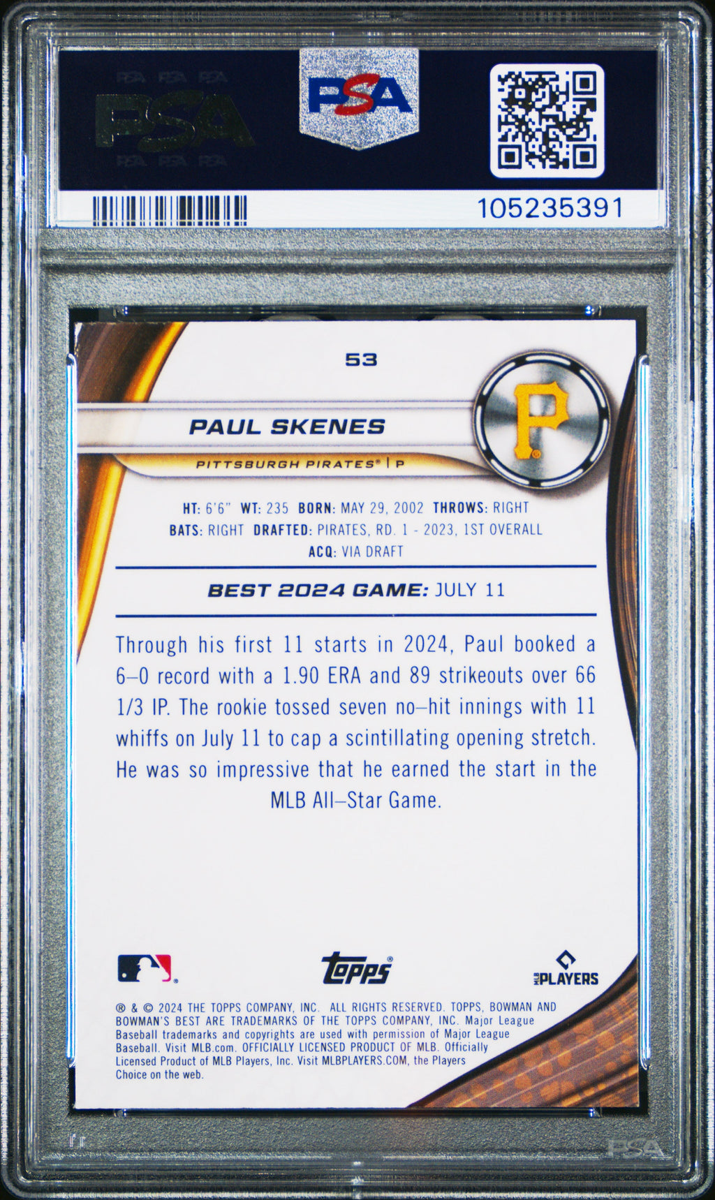 Graded 2024 Topps Bowmans Best Paul Skenes #53 Wave Rookie RC Baseball Card PSA 10 Gem Mint