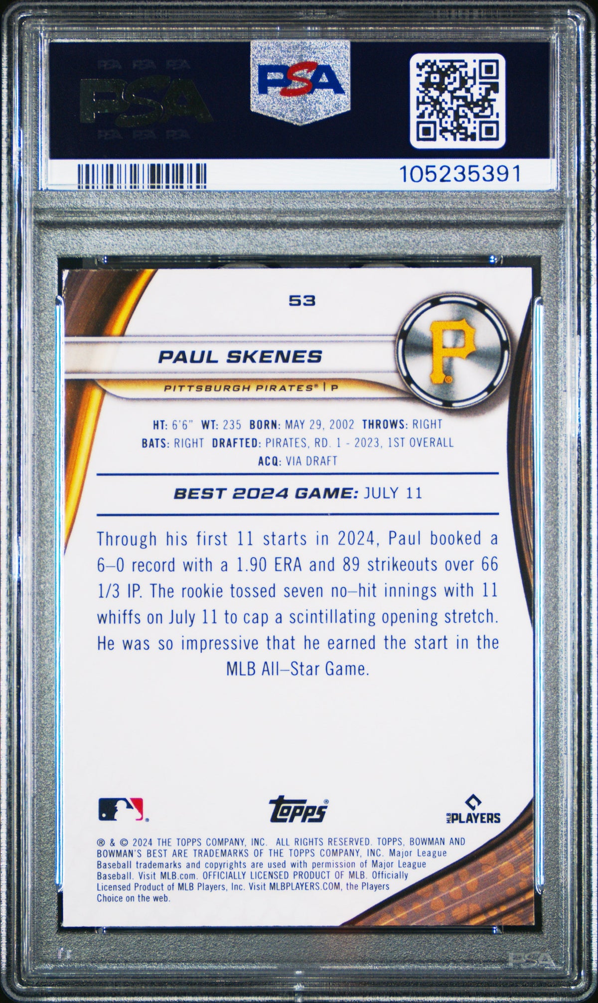 Graded 2024 Topps Bowmans Best Paul Skenes #53 Wave Rookie RC Baseball Card PSA 10 Gem Mint