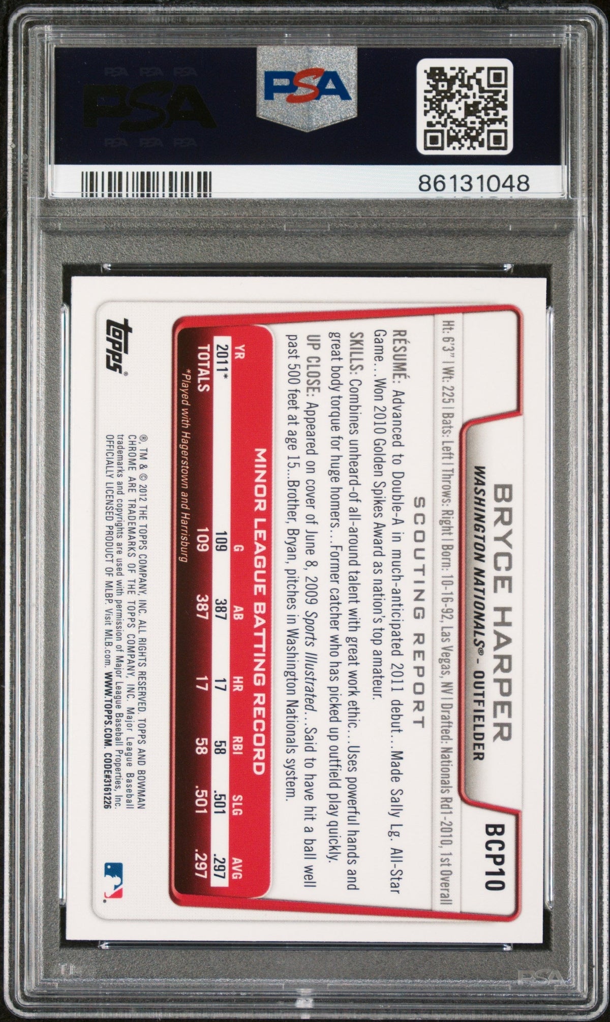 Graded 2012 Topps Bowman Prospects Bryce Harper #BCP10 Chrome Rookie RC Baseball Card PSA 10 Gem Mint