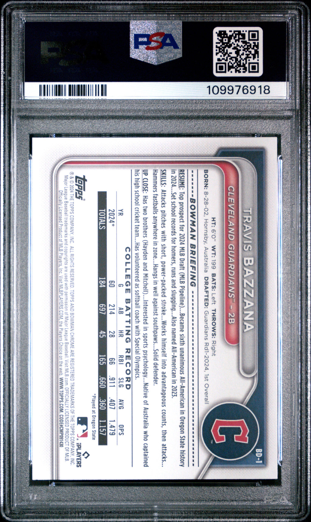 Graded 2024 Topps Bowman Draft Travis Bazzana #BD1 Rookie RC Baseball Card PSA 9 Mint