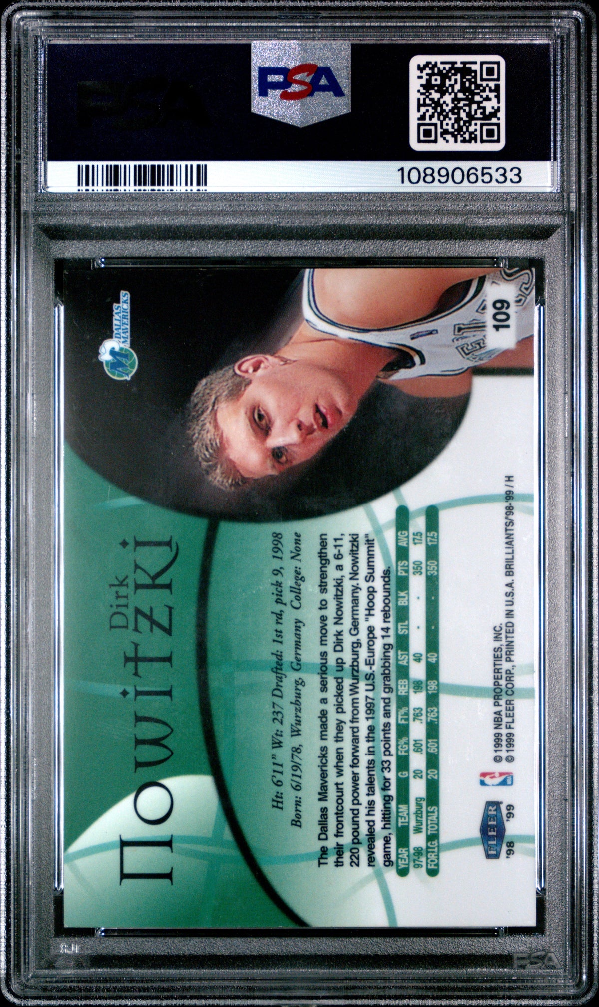 Graded 1998 Fleer Brilliants Dirk Nowitzki #109 Rookie RC Basketball Card PSA 7 Near Mint