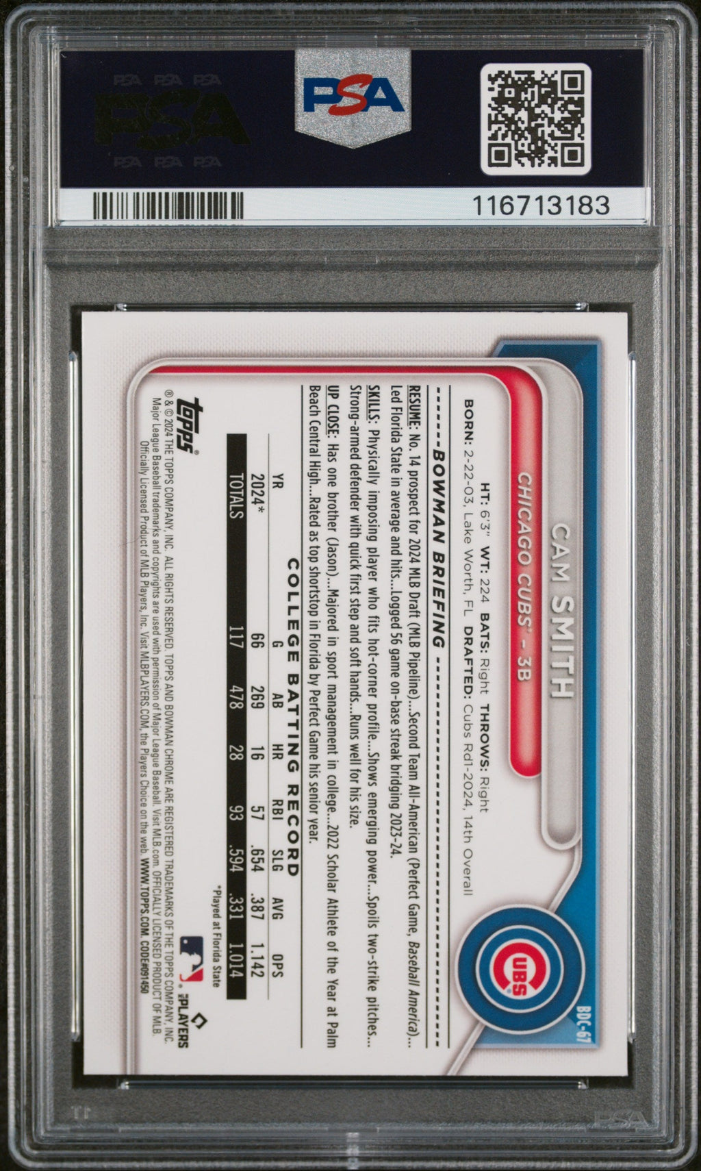 Graded 2024 Topps Bowman Draft Cam Smith #BDC67 Chrome Rookie RC Baseball Card PSA 10 Gem Mint