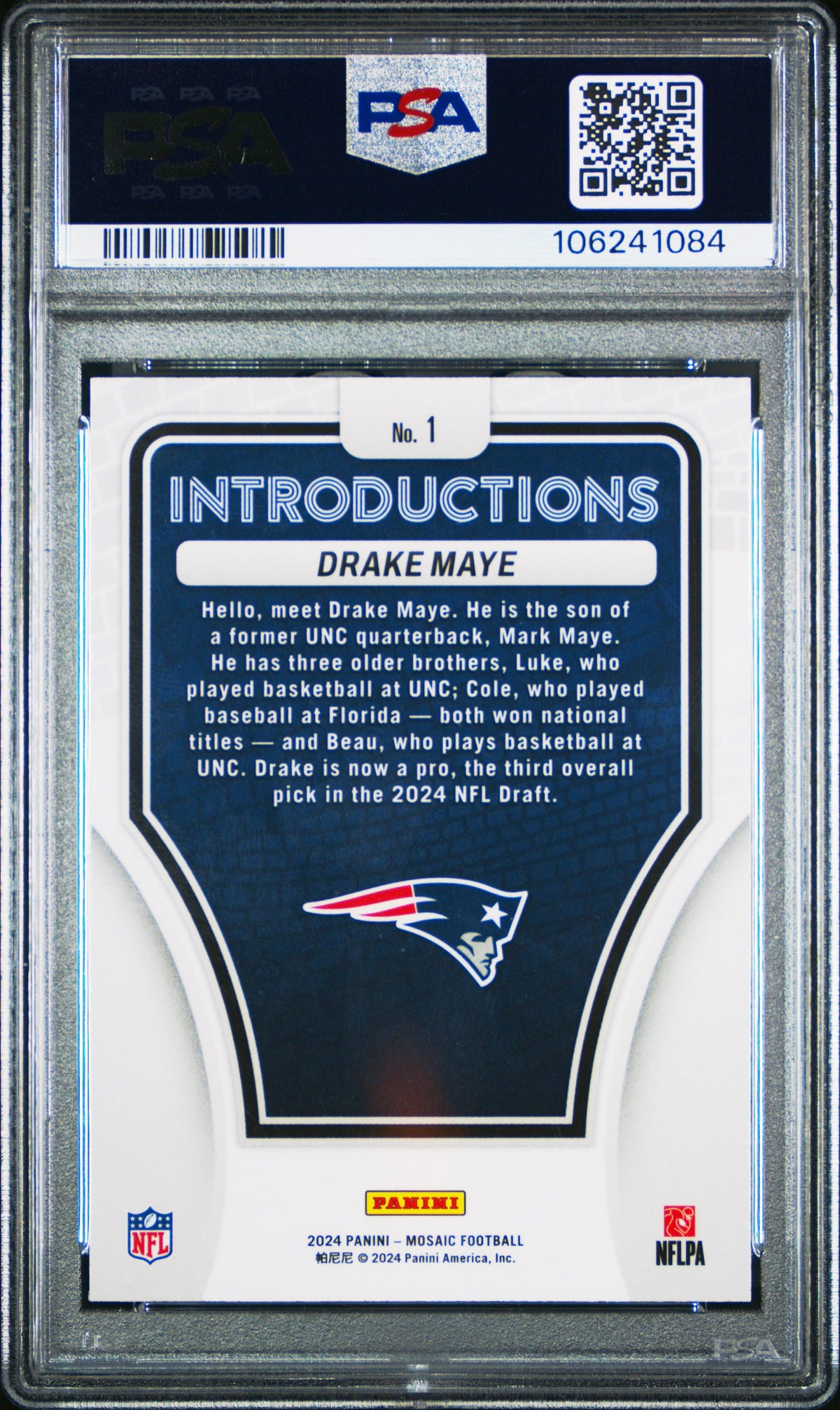 Graded 2024 Panini Mosaic Drake Maye #1 Introductions Rookie RC Football Card PSA 10 Gem Mint