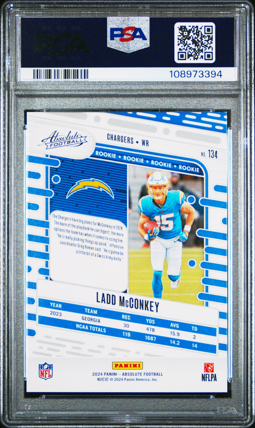Graded 2024 Panini Absolute Ladd McConkey #134 Rookie RC Football Card PSA 10 Gem Mint