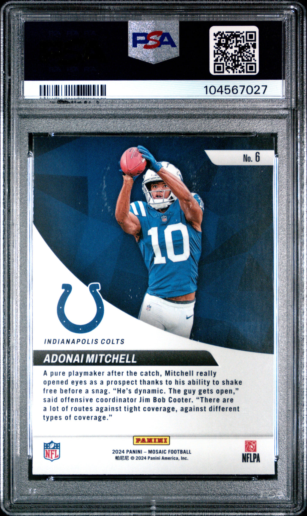 Graded 2024 Panini Mosaic Adonai Mitchell #6 Elevate Rookie RC Football Card PSA 10 Gem Mint