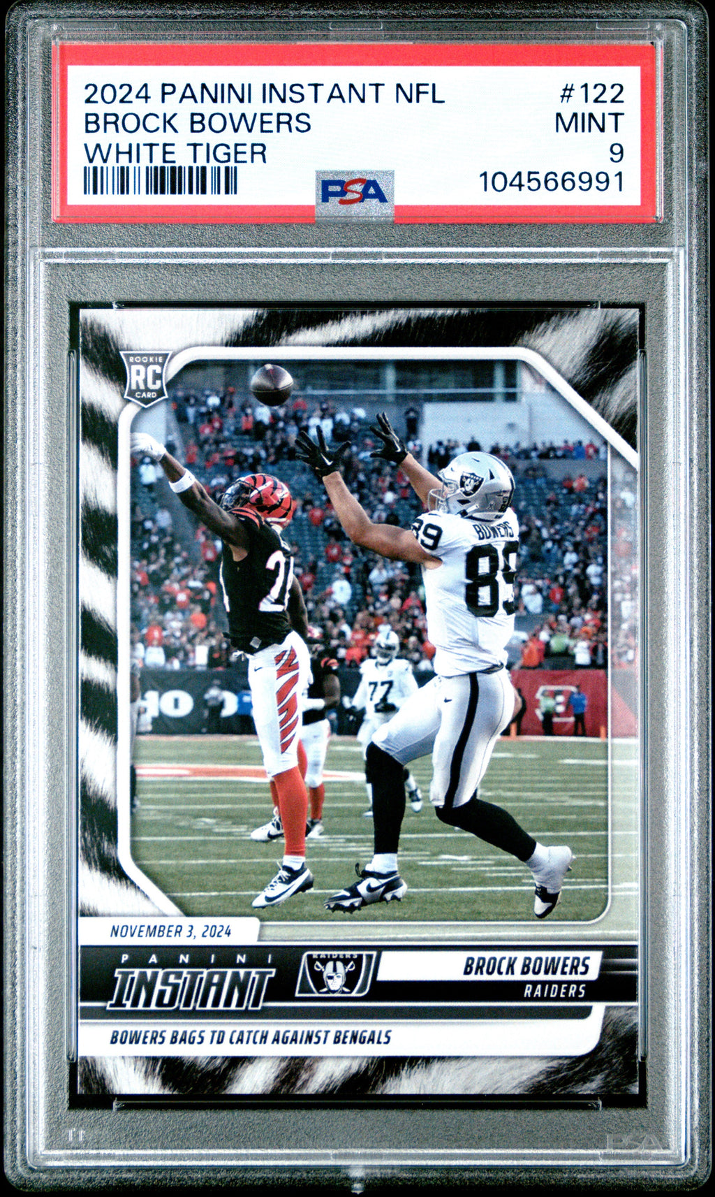 Graded 2024 Panini Instant NFL Brock Bowers #122 White Tiger /5 Rookie RC Football Card PSA 9 Mint