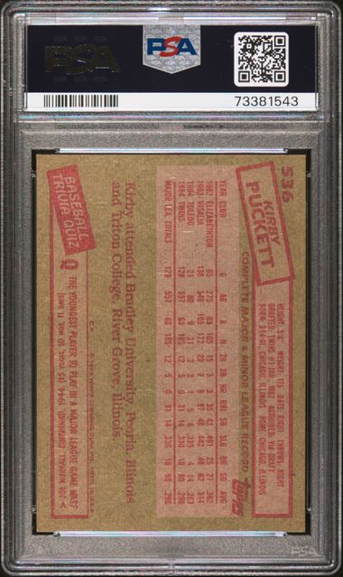 Graded 1985 Topps Kirby Puckett #536 Rookie RC Baseball Card PSA 8 NM-MT