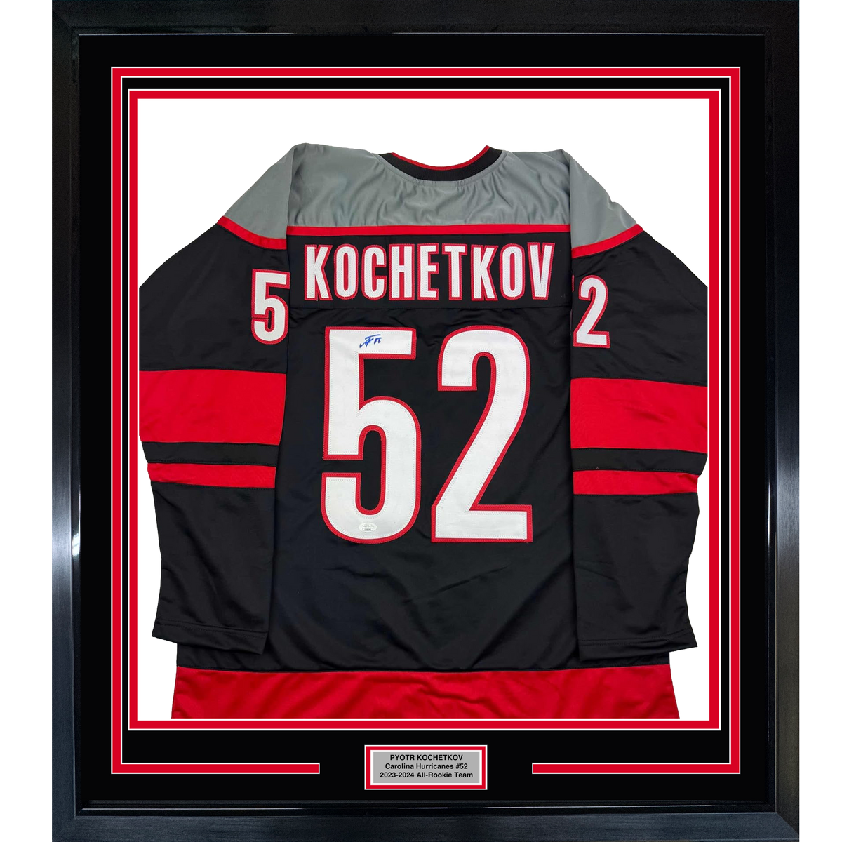 Framed Autographed/Signed Pyotr Kochetkov 35x39 Carolina Black Hockey Jersey JSA COA