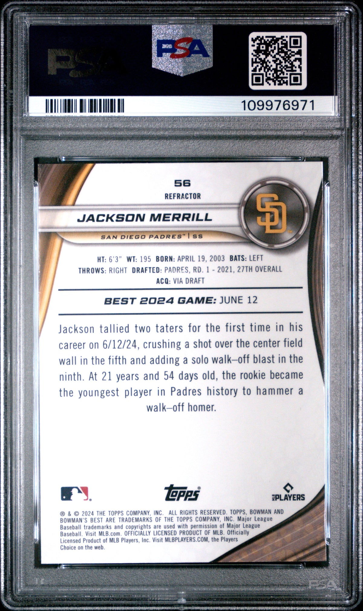 Graded 2024 Topps Bowmans Best Jackson Merrill #56 Refractor Rookie RC Baseball Card PSA 7 Near Mint
