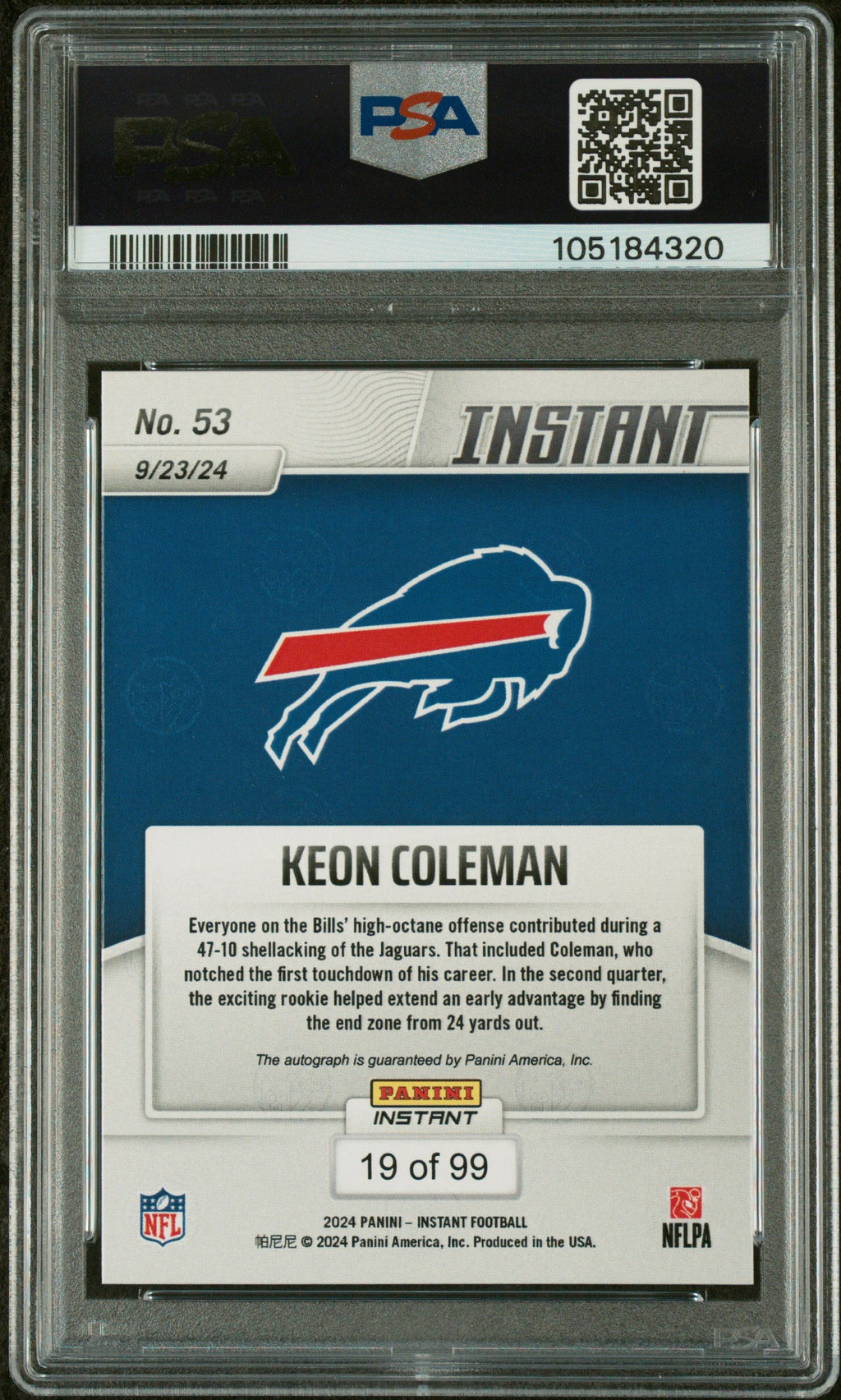 Graded 2024 Panini Instant NFL Keon Coleman #53 Autograph /99 Rookie RC Football Card PSA 10 Auto Grade Gem Mint