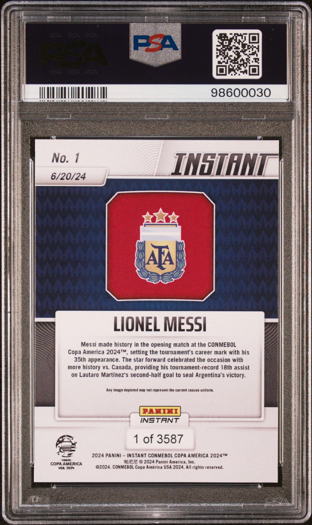 Graded 2024 Panini Instant Lionel Messi #1 Copa America Soccer Card PSA 7 Near Mint