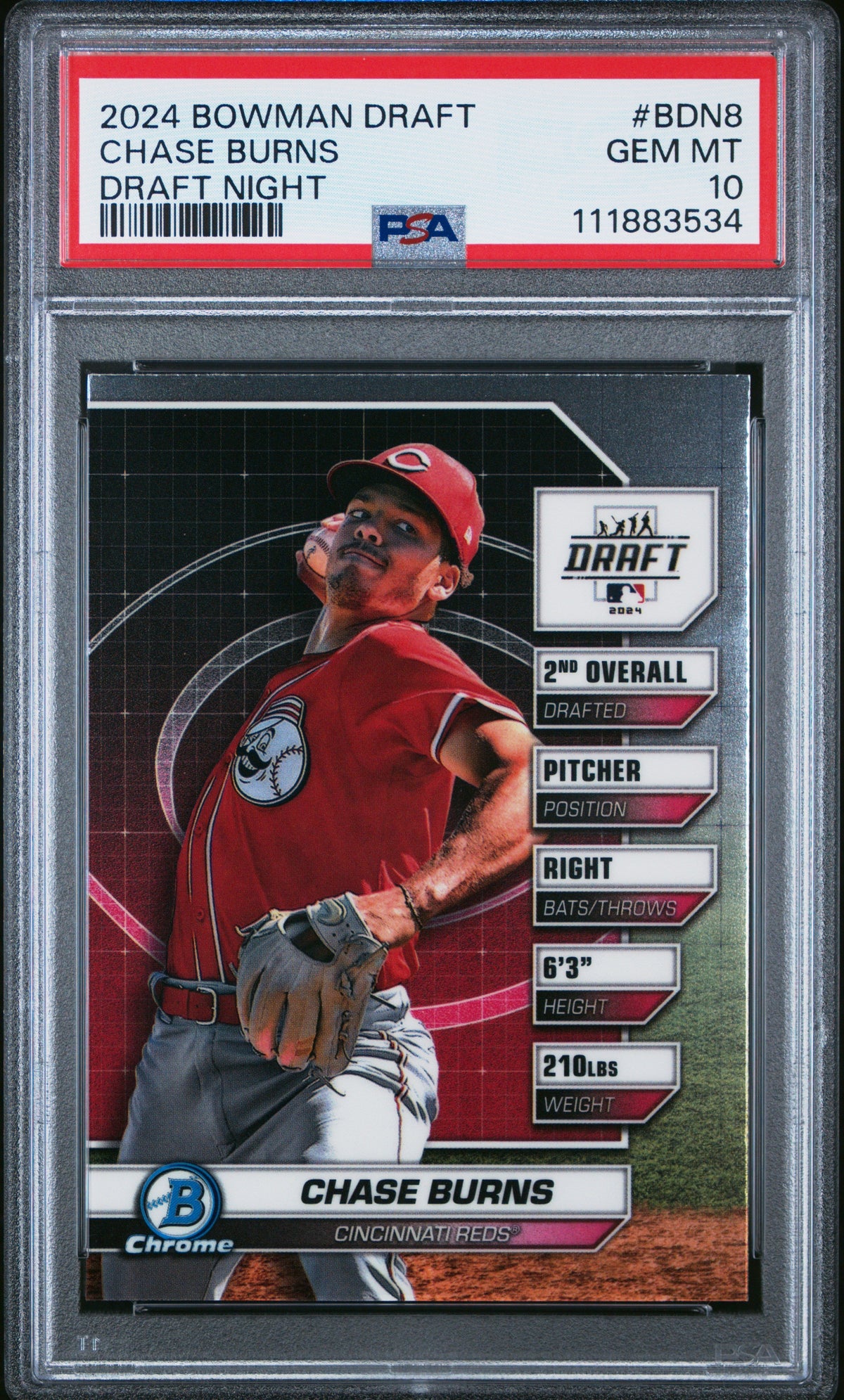 Graded 2024 Topps Bowman Draft Chase Burns #BDN8 Draft Night Rookie RC Baseball Card PSA 10 Gem Mint
