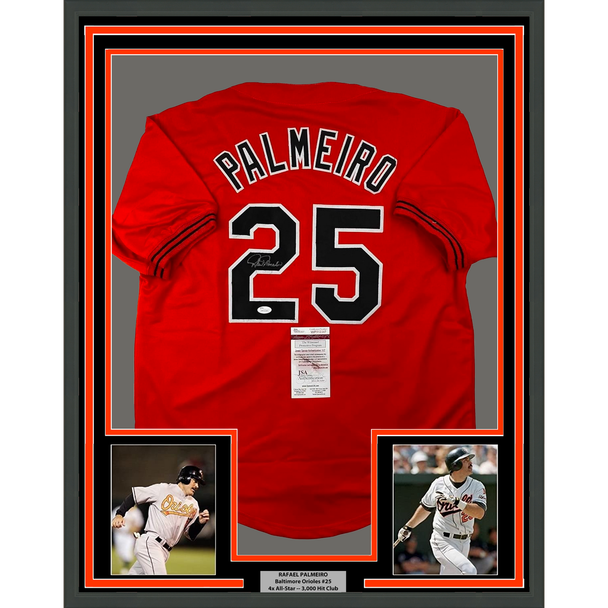 Framed Autographed/Signed Rafael Palmeiro 35x39 Baltimore Orange Baseball Jersey JSA COA