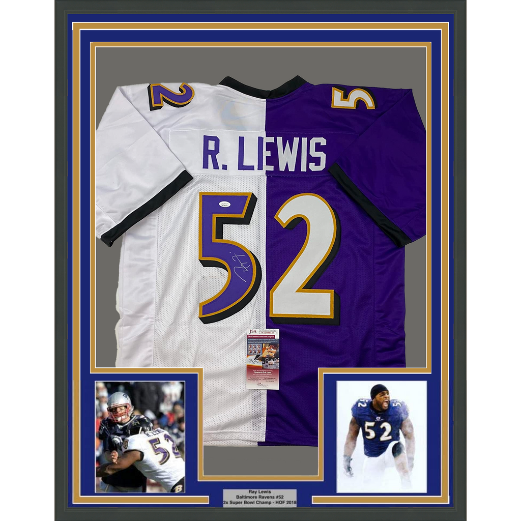 Framed Autographed/Signed Ray Lewis 35x39 Baltimore Split Purple White Football Jersey JSA COA