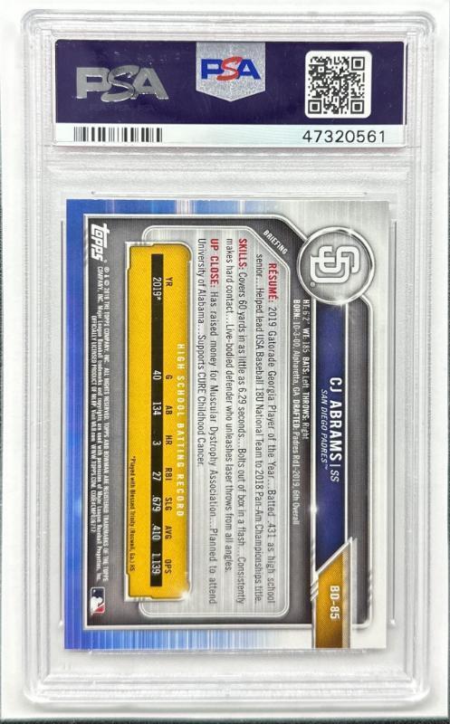 Graded 2019 Topps Bowman Draft CJ Abrams #BD85 Rookie RC Baseball Card PSA 10 Gem Mint