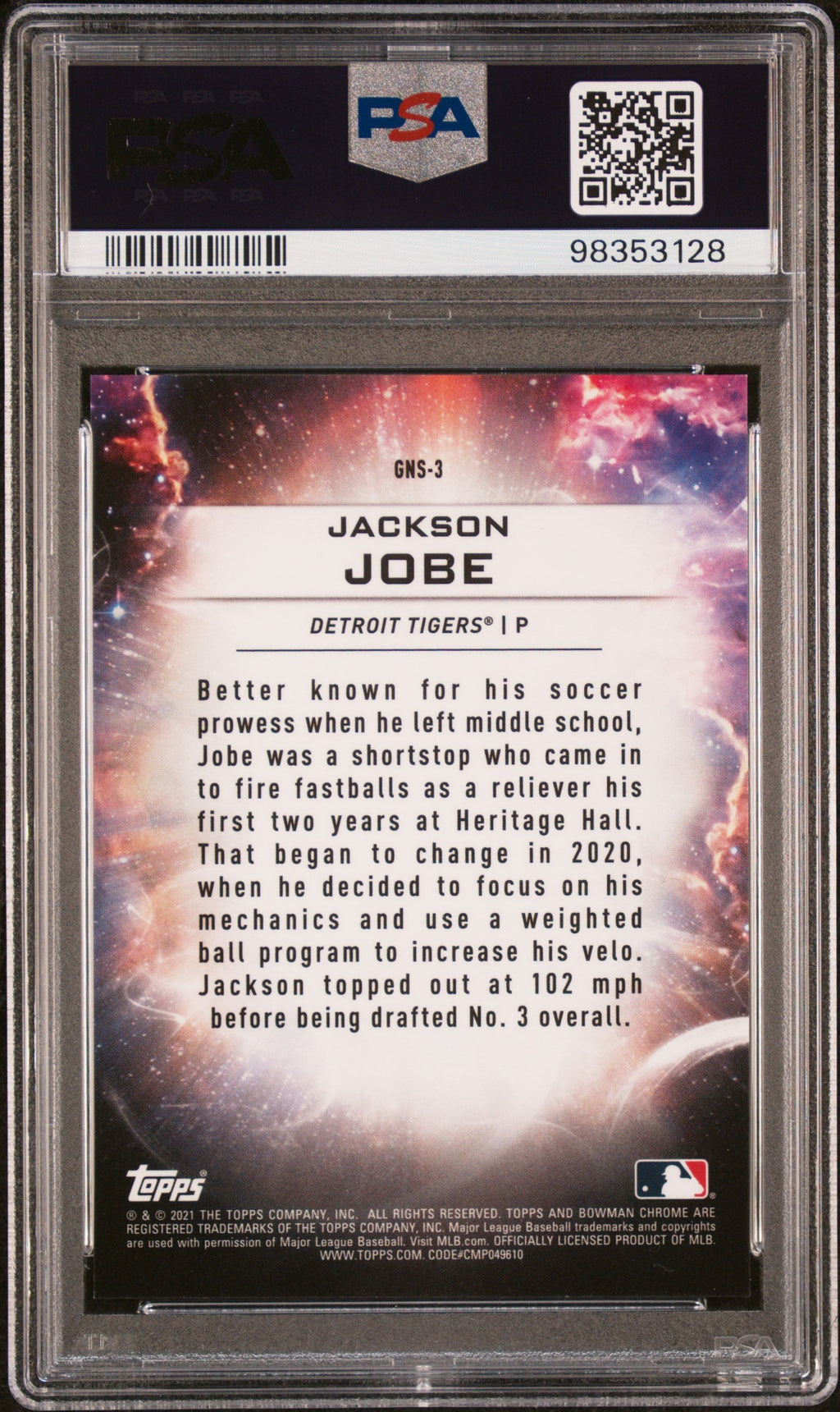 Graded 2021 Topps Bowman Draft Jackson Jobe #GNS3 Genesis Green Refractor /99 Rookie RC Baseball Card PSA 10 Gem Mint