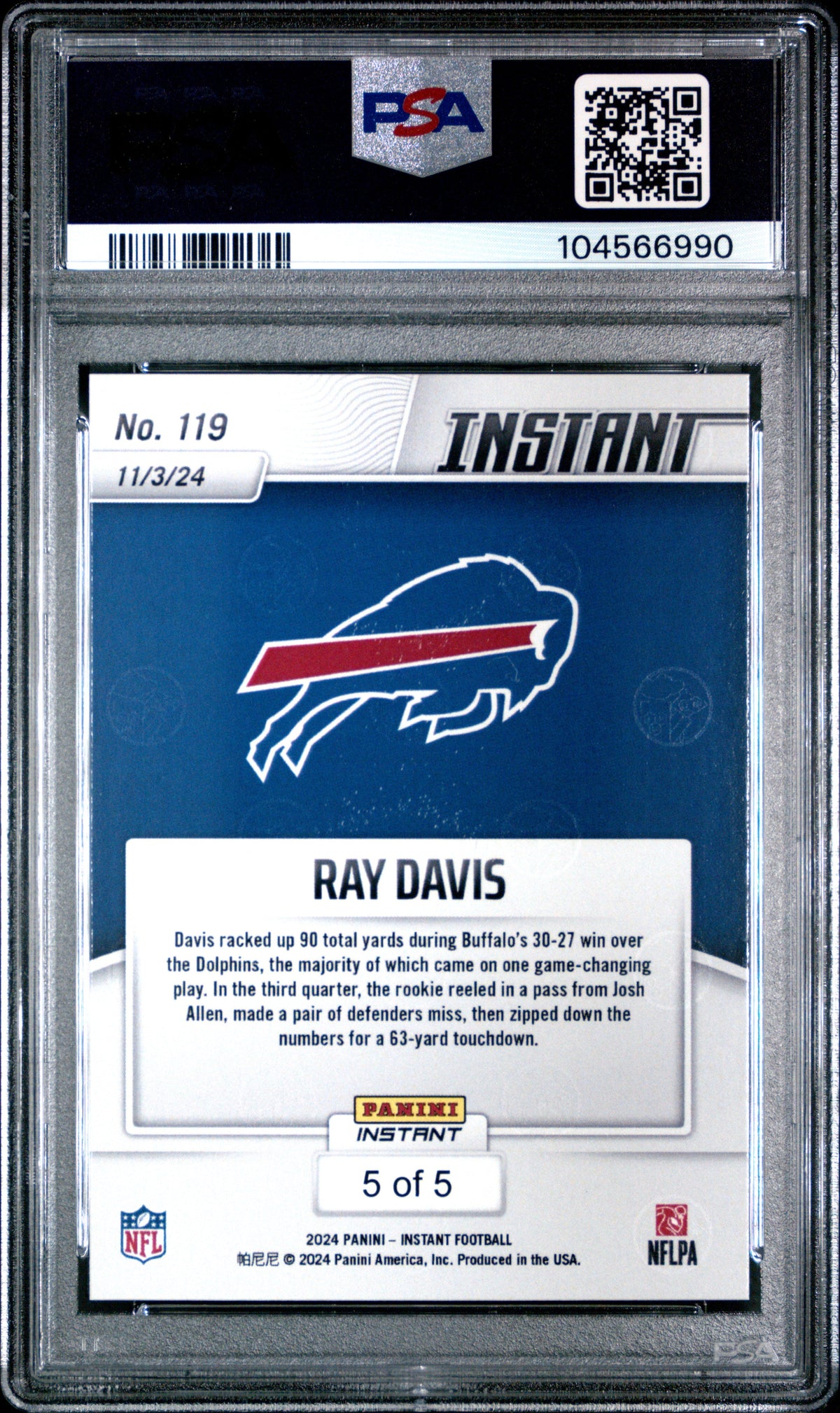 Graded 2024 Panini Instant NFL Ray Davis #119 White Tiger #/5 Rookie RC Football Card PSA 9 Mint