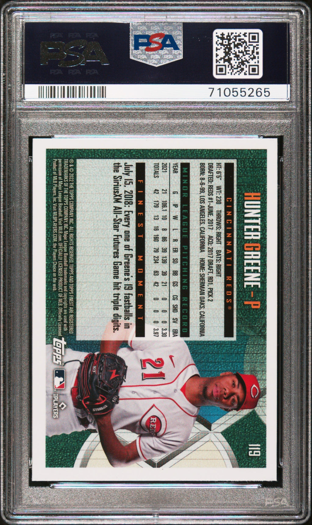 Graded 2022 Topps Finest Flashbacks Hunter Greene #119 Rookie RC Baseball Card PSA 10 Gem Mint