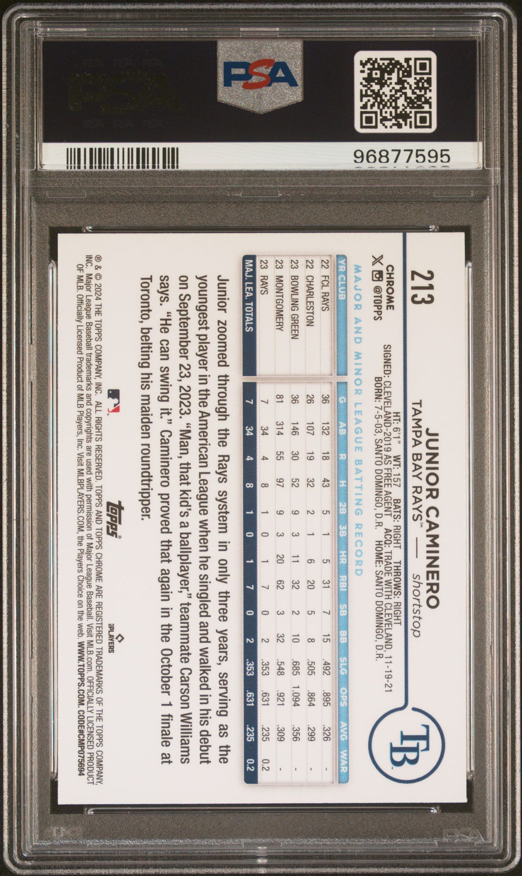 Graded 2024 Topps Chrome Junior Caminero #213 Rookie RC Baseball Card PSA 10 Gem Mint