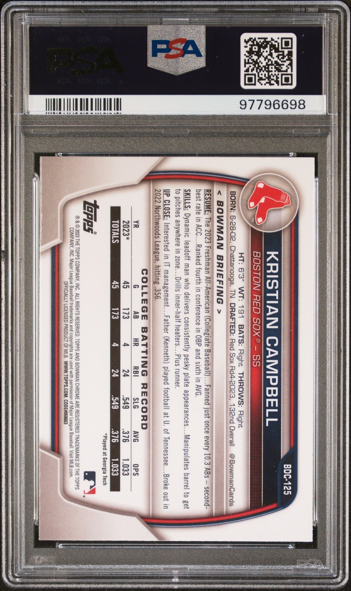 Graded 2023 Topps Bowman Draft Kristian Campbell #BDC125 Chrome Rookie RC Baseball Card PSA 10 Gem Mint